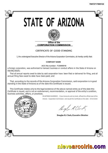 USA Arizona certificate of good standing, version 2